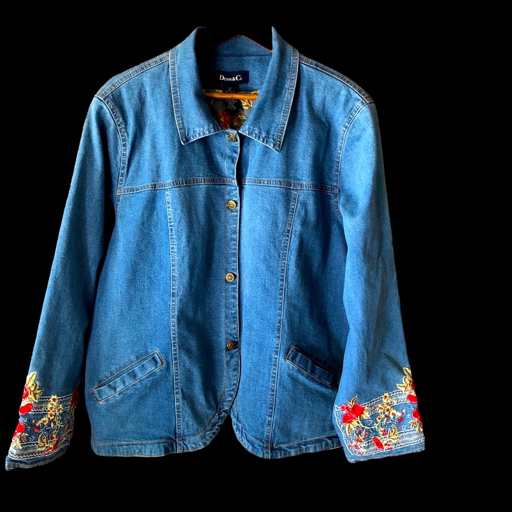 Denim&Co Blue Jean Jacket with Red Embroidery